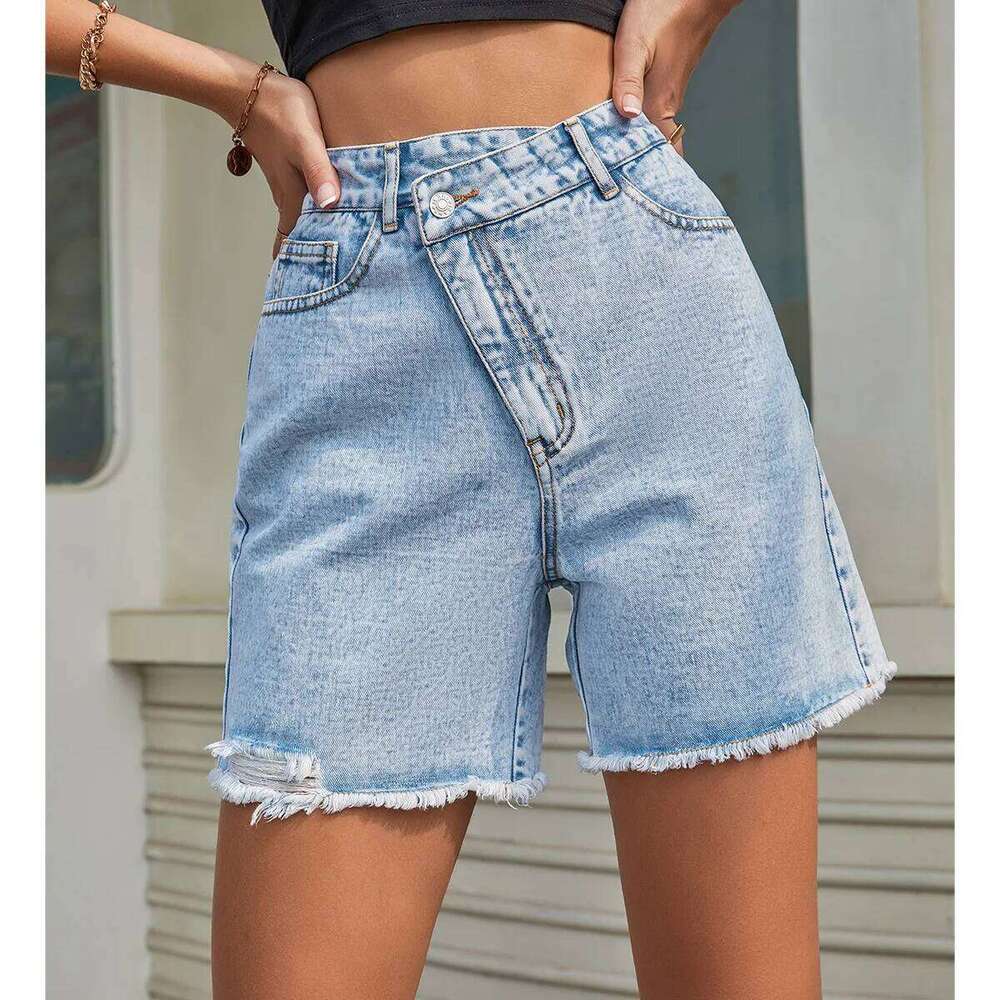 Spring Summer New Irregular-waisted Straight-leg Denim Shorts,European and American Women's Casual Loose High-waisted Shorts H260209-image-1094702903