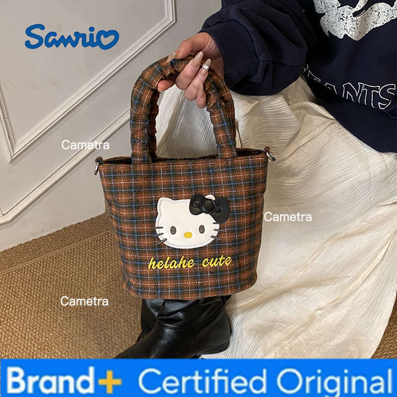 Sanrio Autumn and Winter Fashion New Brown Plaid Large Capacity Plush Cat Handbag Niche Design Cute Shoulder Bag H260209