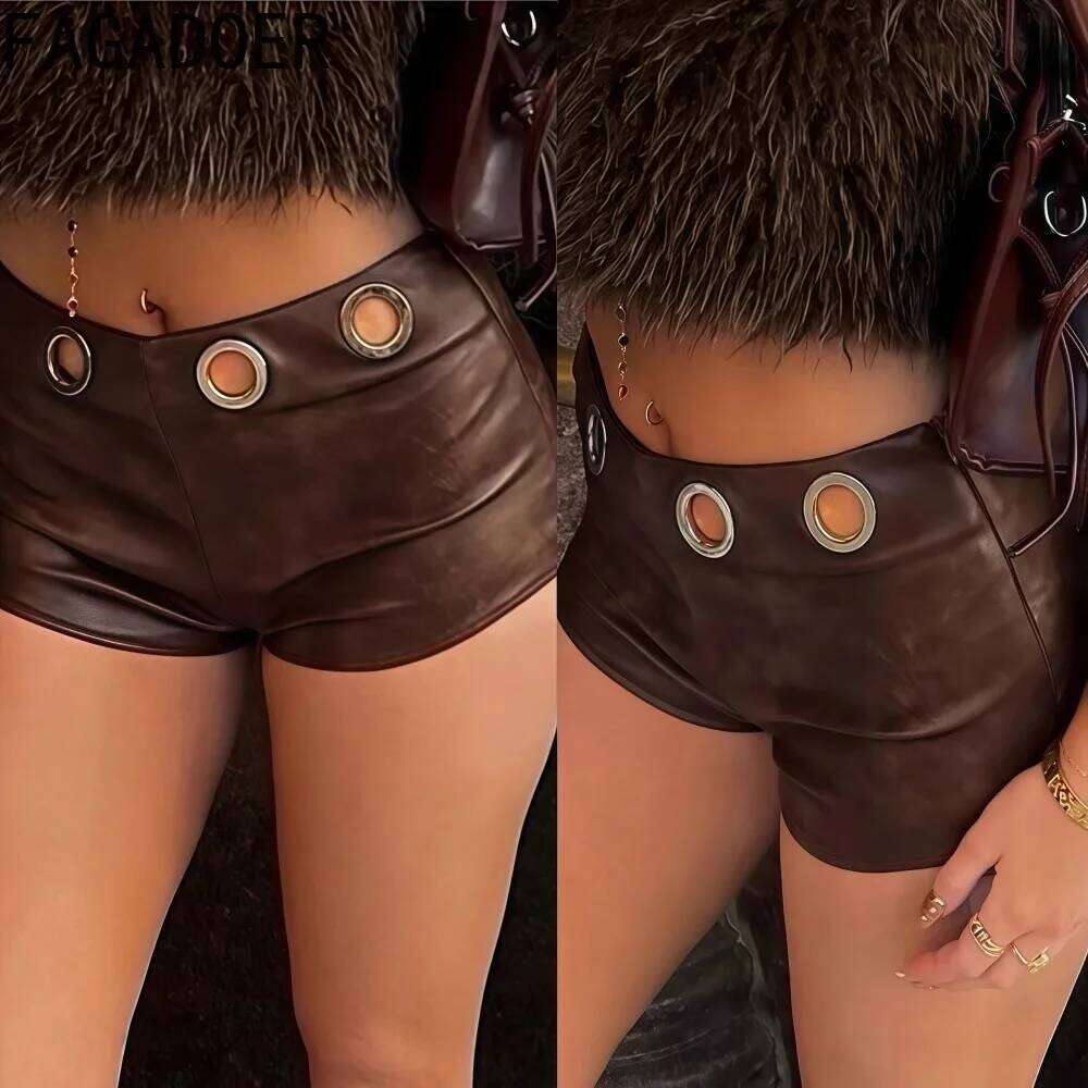 FAGADOER Sexy Leather Woman 2 Piece Set Outfit Solid Color Hole Patchwork Shorts Female Streetwear Bottoms Summer New H260209-image-1094703116