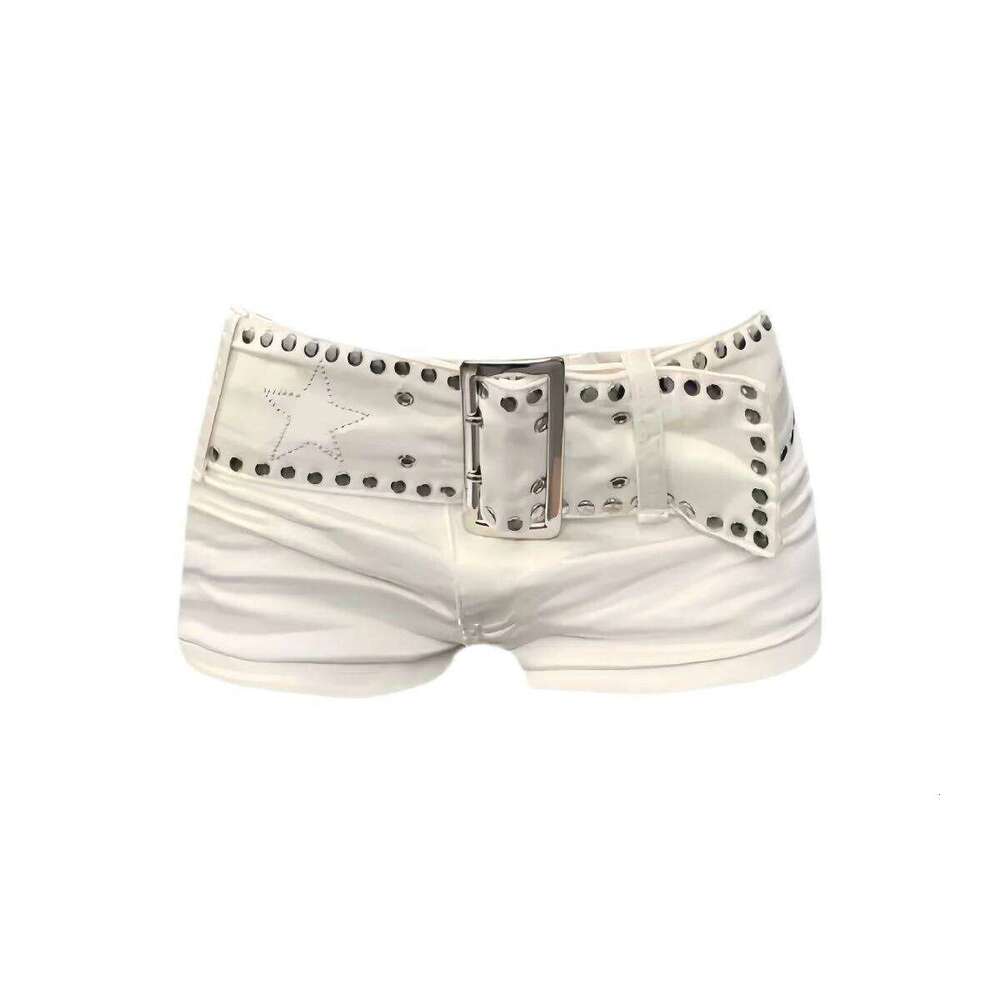 Sexy Riveted Denim Women's Summer Strap Chain Hot Pants Y2k White Shorts H260209-image-1094707165