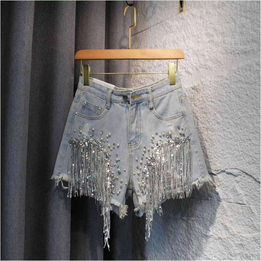 Women Sequined Fringe Denim Summer Rhinestone Pearl Beading Short Jeans Casual Fashion High Waist Female A-line Shorts H260209-image-1094703565