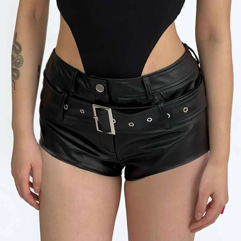 Autumn New Women's Faux Leather with Belt Sexy High Waist Nightclub Y2k Super Shorts H260209-image-1094700319
