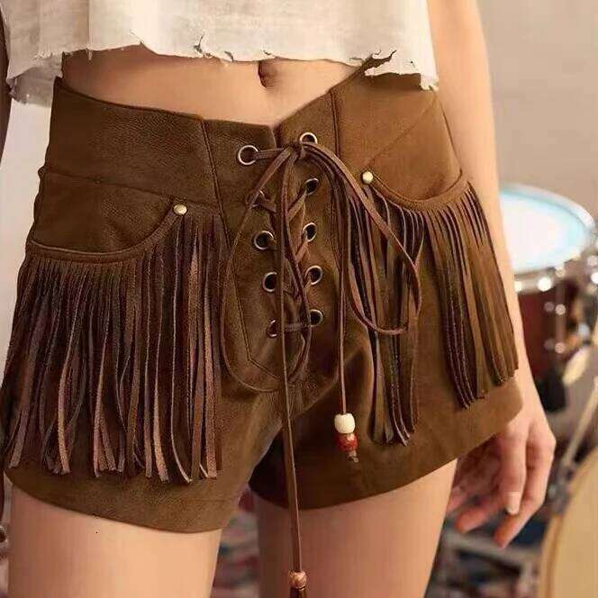 Women's Summer High Street Music Festival Tassel Shorts Lady Drawstring Waist Straight Short Pants H260209-image-1094706099