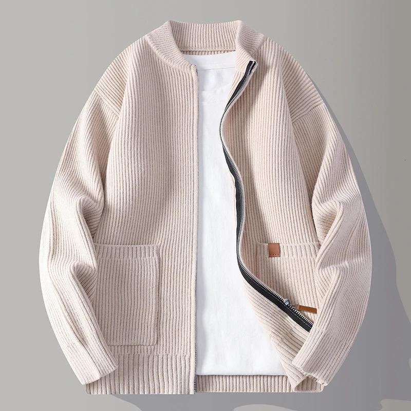 Autumn Winter Youthful Vitality Knit Sweatercoat Men Stand Collar Loose Casual Knitted Cardigan Mens Chic Casual Sweater Jackets 260206BJ