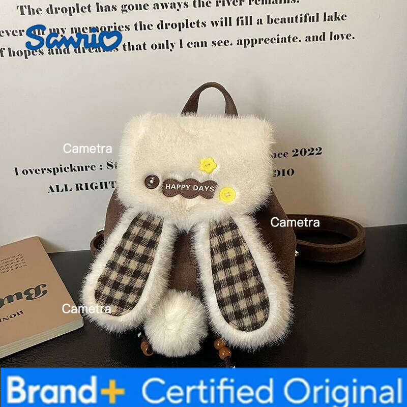 Sanrio Cute Rabbit Ears New 2025 Sweet Corduroy Girl Popular Mao Casual Handbag Backpack H260209