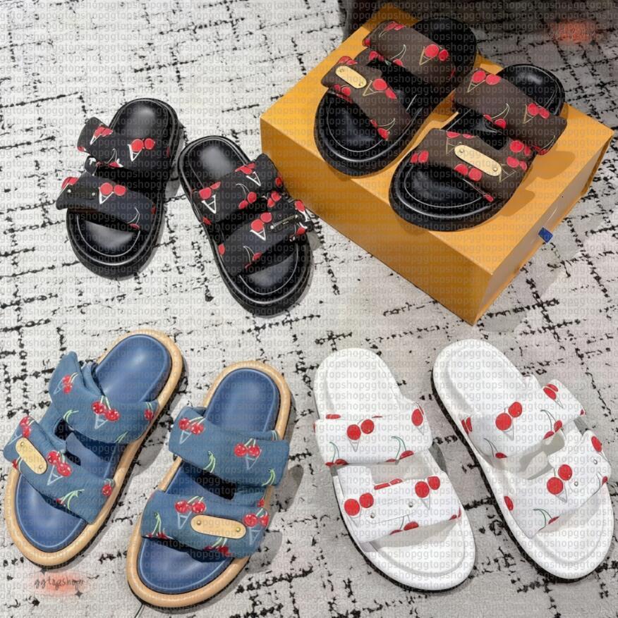 Designer Pool Pillow Mules lvlys slippers cherry blossom murakami leather Flat Sliders sandles Women Men Slides Prints Embossed Sandal Black vintage