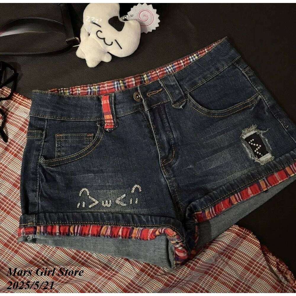 Y2K Aesthetic Retro Low Waisted Denim Shorts Women's Subculture Cute Cat Pattern Jeans Hot Girl 2000s Clubwear Streetwear H260209-image-1094703657