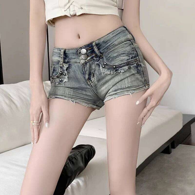 New Women Rivets Y2k Shorts Lady Vintage High Street Hot Pants Female Blue Low Waist Elastic Wrapped Hip Hop Short Jeans H260209-image-1094707865