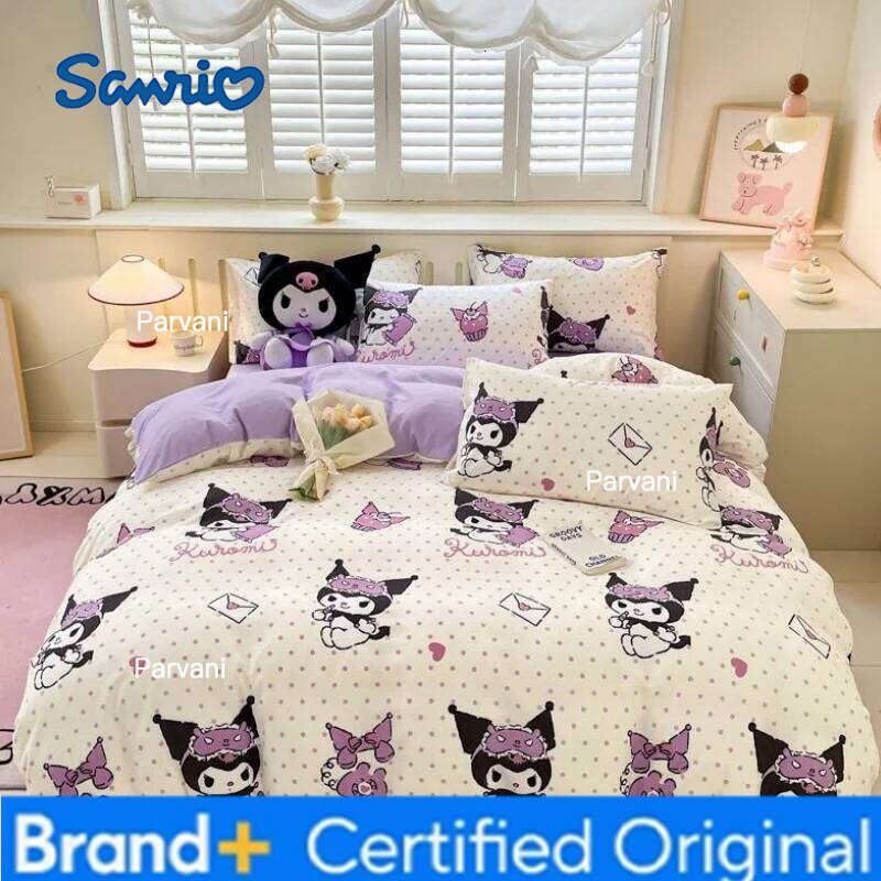 Sanrio Kuromi Cinnamoroll Kids Duvet Cartoon Bed Three-Piece Set Cute Hello Kitty Quilt Cover Pillowcase for Bedroom Decoration H2602091-image-1095307660