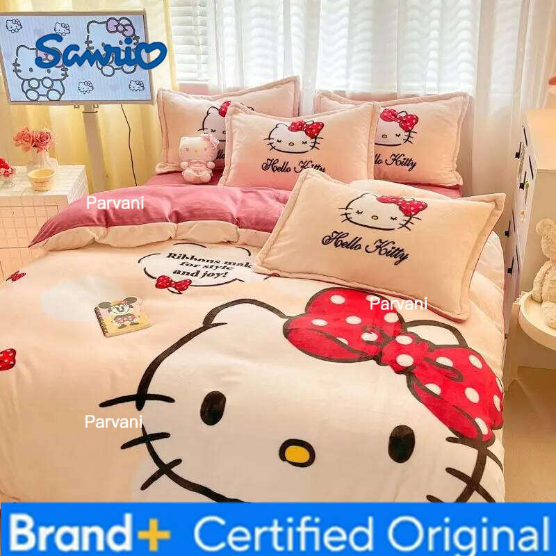 Sanrio Ins Original Milk Fleece 4pcs Cute KT Cat Thickened Quilt Cover Sheet Pillowcase 3kg, Girls 3pcs Set H260209-image-1095232071