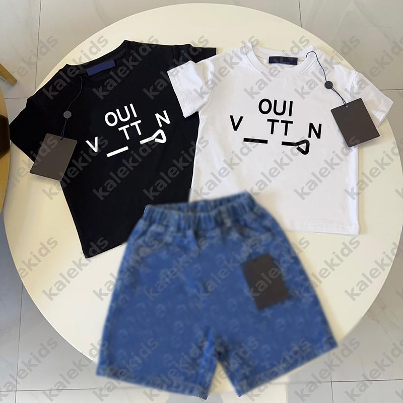 Childrens Summer Two Piece Set Short sleeve Printed T shirt Elastic Waist Denim Shorts Casual Cotton Tshirt Denim Shorts Suitable For Boys And Girls