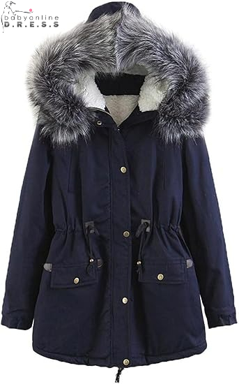 BABYONLINE D.R.E.S.S. Winter Jacket Women Cotton Faux Fur Hooded Thick Coats Slim Modern Casual Trench Parka Overcoat Women's Navy Blue Parka J
