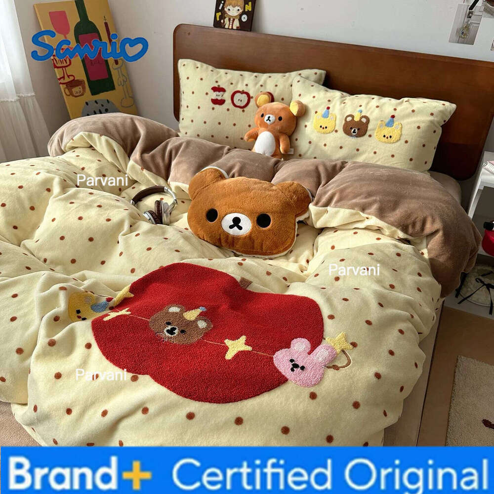 Sanrio Kawaii Bear Embroidered Winter Bedding Thickened Warm Milk Velvet Duvet Set with Sheets Soft Flannel Quilt Cover Kit H260209-image-1095232169