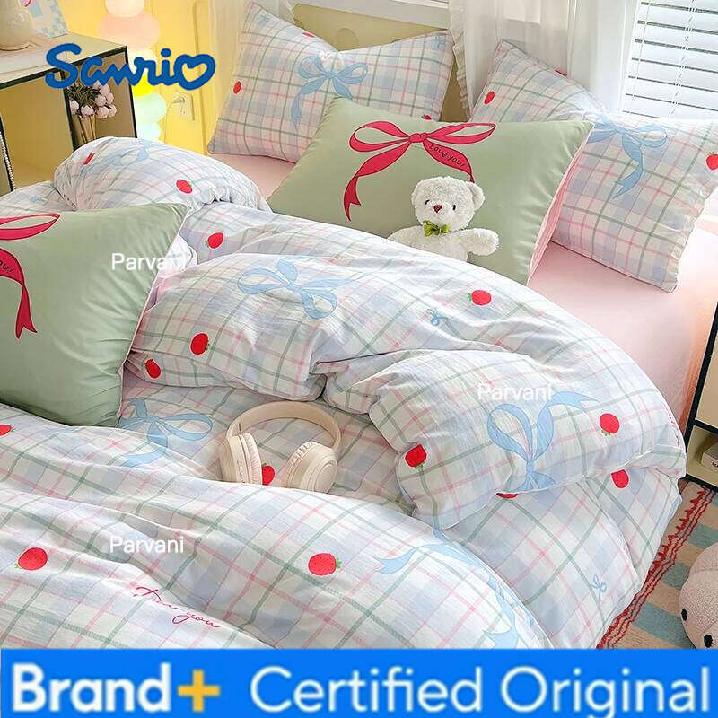 Sanrio Cute Cartoon Cat Bedding Set Simple Duvet Cover Washed Cotton Flat Bed Sheets Pillowcase Single Double For Kids Decor Home H260209-image-1095232148