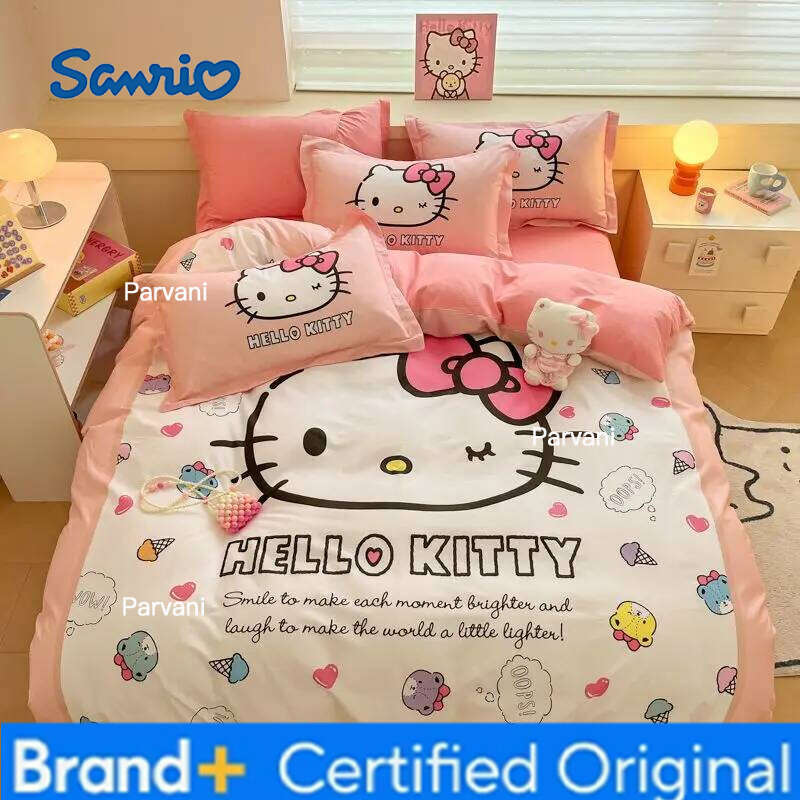 Sanrio Genuine Hello Kitty 100% Cotton Bed Sheet Four-piece Children's Quilt Cover Pillowcase 3-piece Set H2602091-image-1095307522