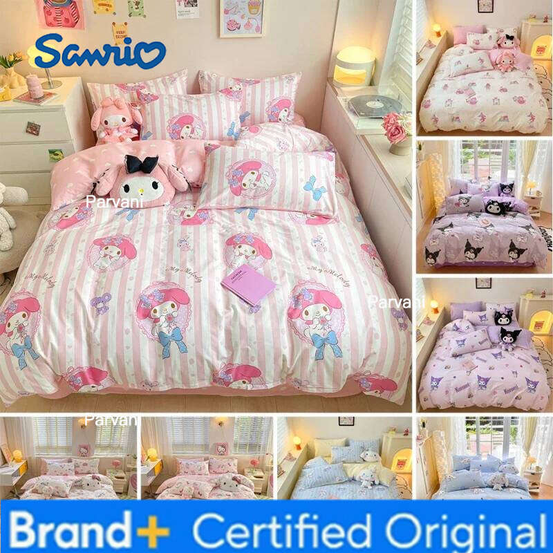 Sanrio 100% Cotton Bedding Set Cute Hello Kitty Kuromi Melody King Queen Pillowcase Bed Linens Girl Dorm Bedclothes Home Textile H260209-image-1095231892