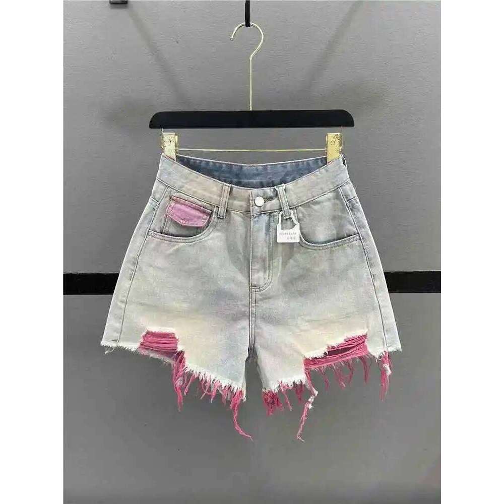 Korean Style Pink Hole Denim Women Summer New High Waist Raw Edge A-line Girls Shorts Fashion Niche Slim Hot Pants H260209-image-1094701289