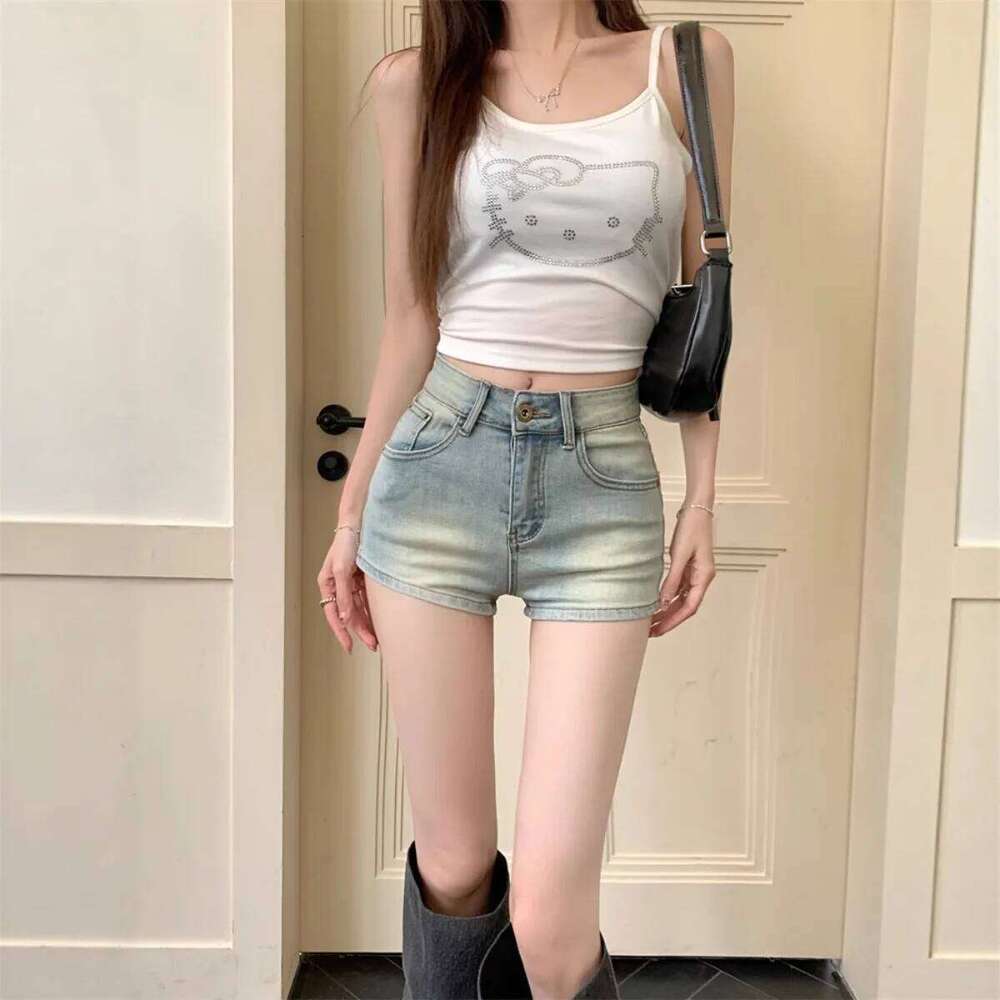 Jean Casual High-Waisted Light Blue Denim Shorts for Women, Vintage Wash Button Fly Sexy Tight A-Line Hot Pants Summer H260209-image-1094708038