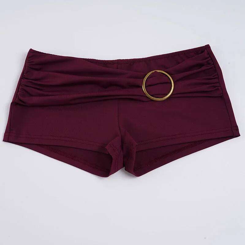 2026 New Women's Sexy Burgundy Pleated Metal Buckle Low Waist Slim Casual Shorts H260209-image-1094697900