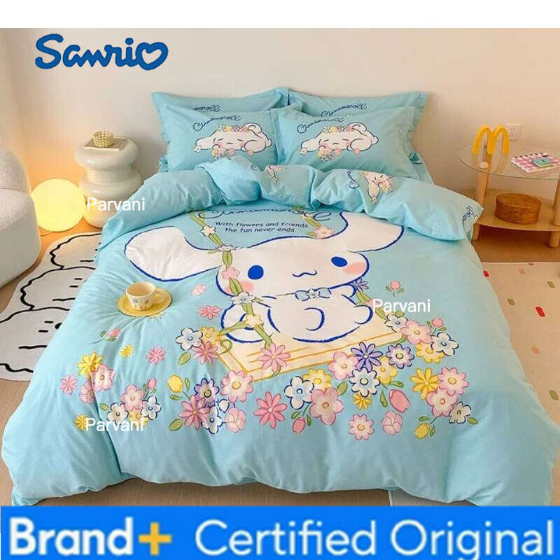Sanrio Genuine Children's Cartoon 100% 4pcs Cinnamoroll Cotton Quilt Cover Bed Sheet Pillowcase 3pcs Set H2602091-image-1095307491