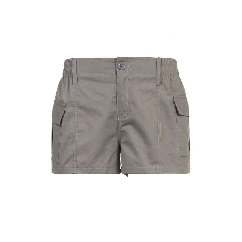 Women Cargo Solid Color Vintage Elastic Casual Summer Low Waist Shorts with Pockets for Nightclub Streetwear H260209-image-1094703804