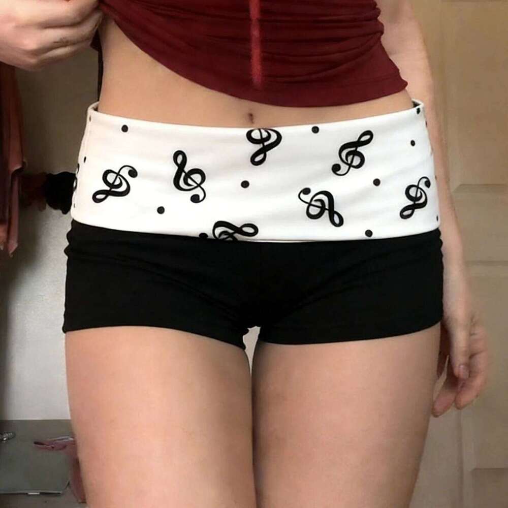 SUCHCUTE Y2k Music Note Print Elastic Shorts Women Skinny Low-waisted Mini Short Streetwear Slim Bottoms Summer Casual Homewear H260209-image-1094707326