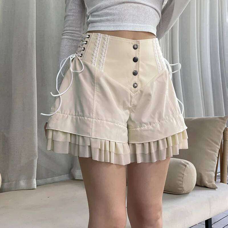 Vintage Sweet Bandage Ruffles Slim Solid High-Waisted Patchwork Shorts Women 2025 Summer Fashion Streetwear Lady H260209-image-1094706311