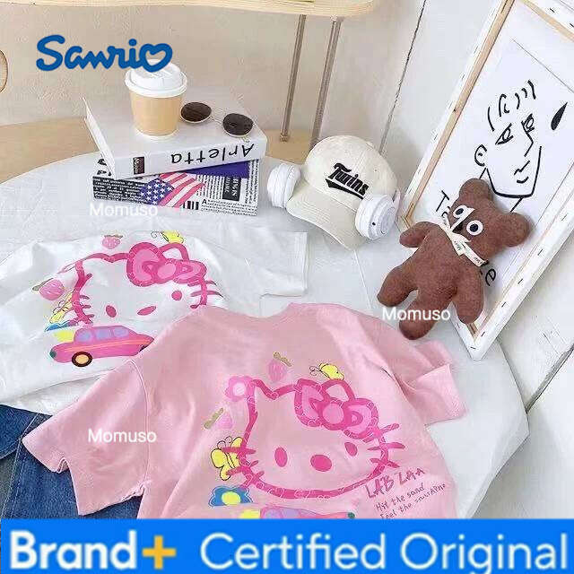 Sanrio Short Sleeved Cute Kitten Children's Cotton O-neck Casual Top Loose T-shirt Summer Teenage Girls' Clothes H260209-image-1095207189