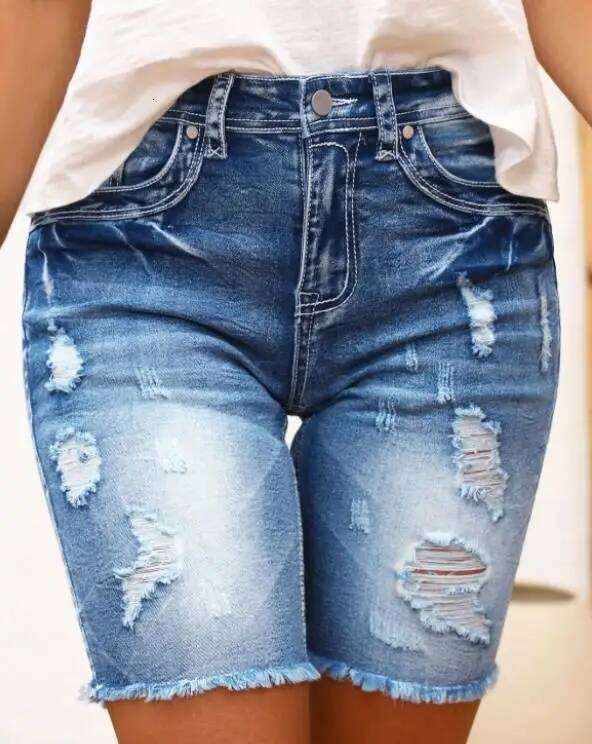 Tight Fitting Women's Summer Fashion Trend Street Style with Wind Blown Holes and Frayed Edges Design Denim Shorts H260209-image-1094700159