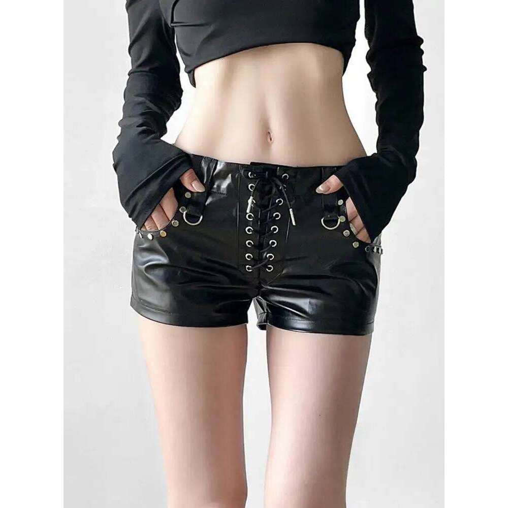 Retro Y2K Hippie Pu Shorts Women Patchwork Rivet Lace Up Pants Chic Skinny Black Leather Casual Clothing H260209-image-1094706505