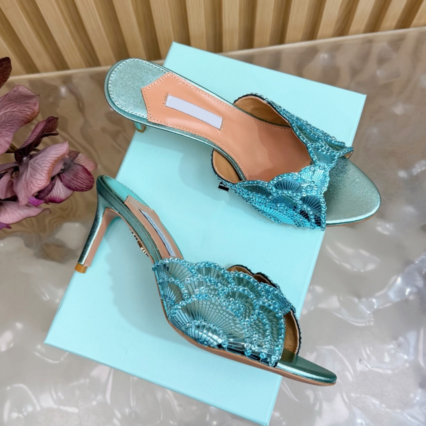 Rosa Pailletten, luxuriöse funkelnde Strass-Pailletten, Peep-Toe-Slingback-Stilettos, Designer-Abendsandalen mit gewelltem Rand, Damen-Schuhe für Ho