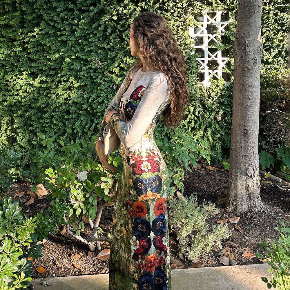Dress Basic Casual Floral Print Long Sleeve Maxi Dress With Vibrant Blooms And Side Slit For Garden Party Outings