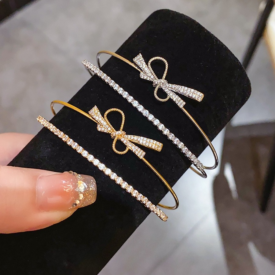 Sparkling Zircon Bowknot Bangle Korean Style Double Layer Open Cuff Light Luxury Jewelry for Women