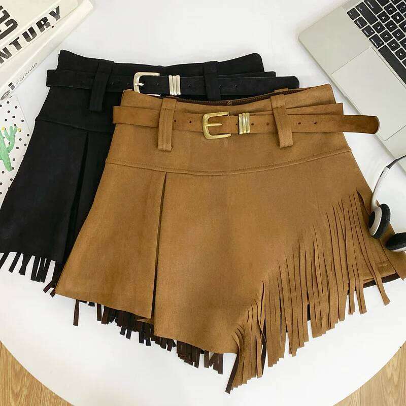 Autumn Winter Women's Faux Suede Skirts Retro High Waist Irregular Tassel Short Pants Side Zipper Anti-glare Boot Shorts H260210-image-1094752824