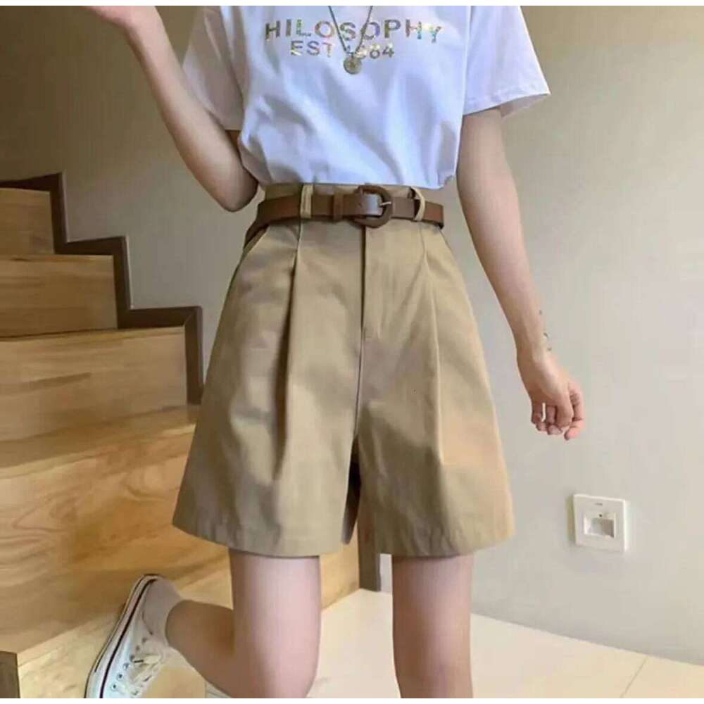 Loose Casual Shorts Women Summer Cargo Wide Leg Pants High Waist Stretchy Pure Color H260210-image-1094752687