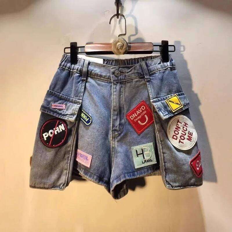 2026 Summer New Embroidery Letter High Waist Cargo Pocket Denim Shorts Women H260210-image-1094752359