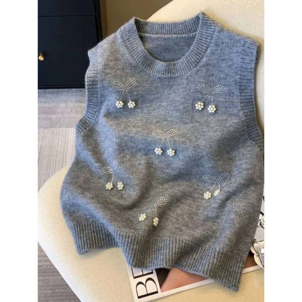 New DesignNeploe Fresh Lovely New Heavy Beading Vest Layering Knit Slim Fit Sweaters Women Clothing Trendy All-Match Literary Casual Camis
