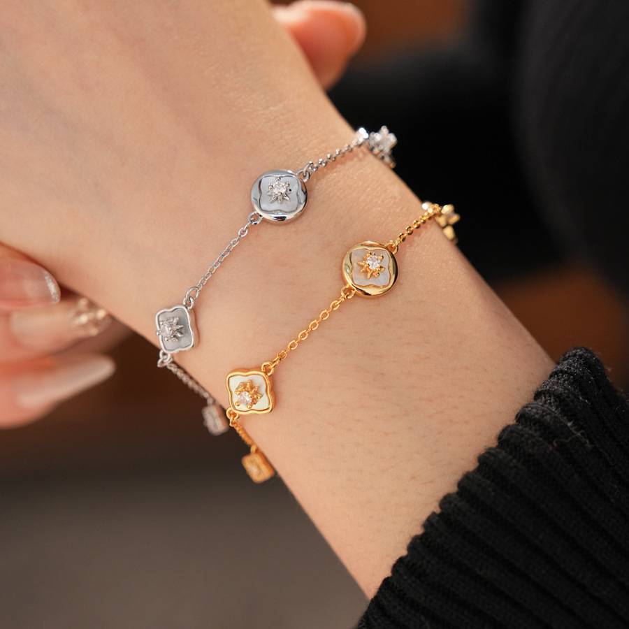 18K real gold plated bracelet with zircon mother-of-pearl round flower design, high-end luxury bracelet, stylish and elegant jewelry-image-1094845794