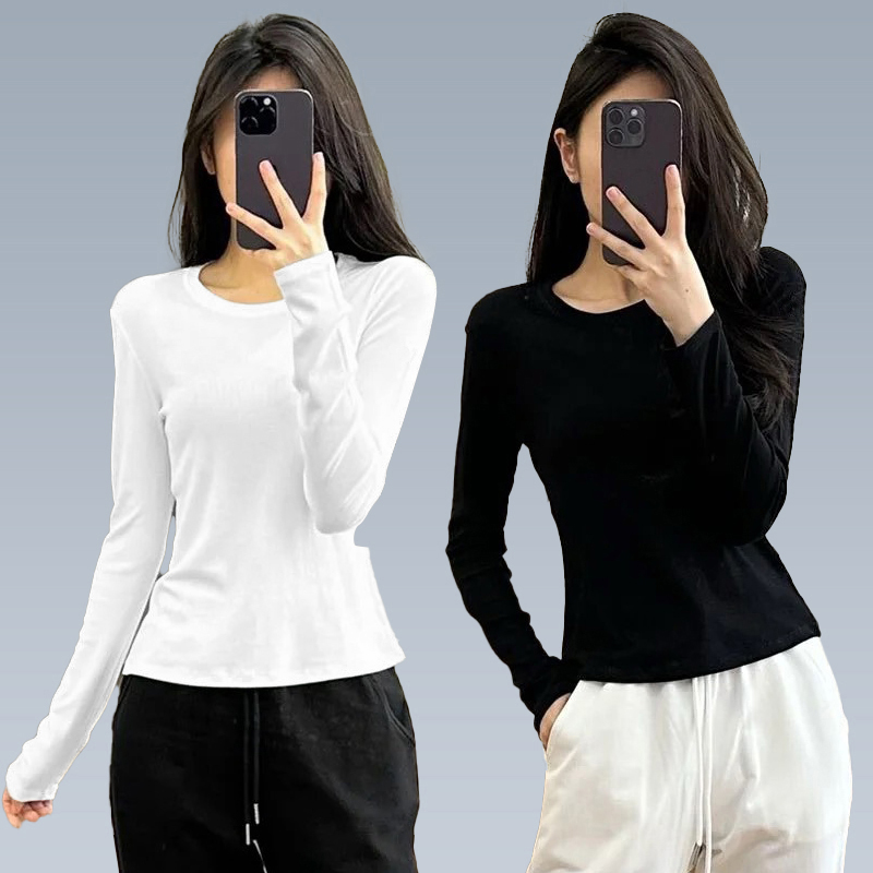 Women Ribbed Sea Coast Long Sleeve Top O-Neck Solid Color Fitness Slim Fit Shirt Elastic Street Wear Basic Casual Tee