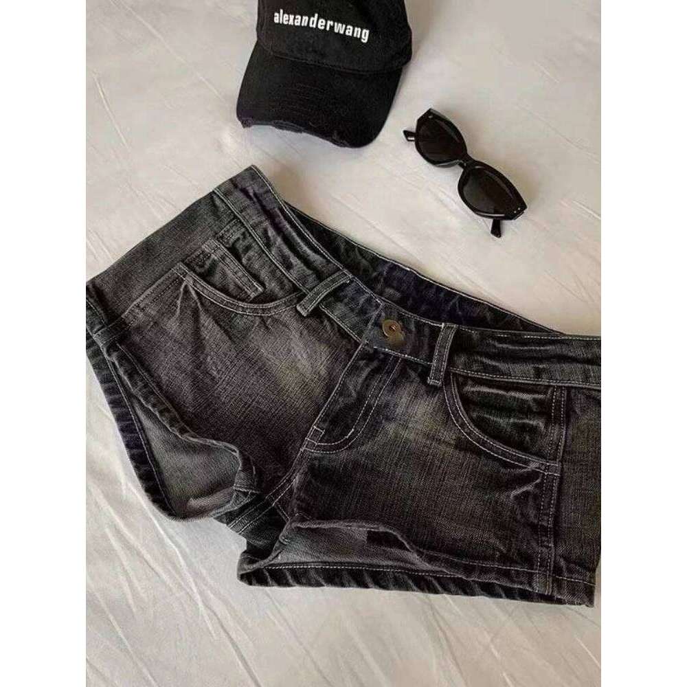 HOUZHOU Vintage Black Denim Women Sexy Gyaru Low Waist Shorts Female Y2k Punk Retro Summer Streetwear Short Jeans Slim Up H260210-image-1094752738