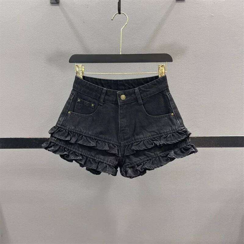 Sweet Fungus Lace Denim Shorts for Women 2025 New Age-reducing and Slimming A-line Wide-leg Hot Pants H260210-image-1094752433