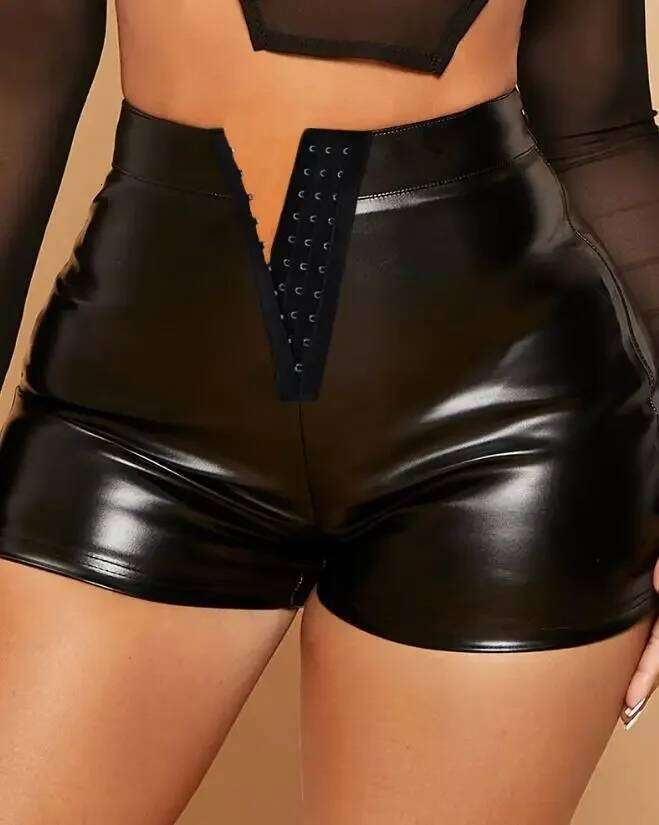Women's 2025 Summer Fashion PU Leather Sexy Buckled High Waist Plain Skinny Daily Above Knee Shorts Y2k Streetwear H260210-image-1094752480