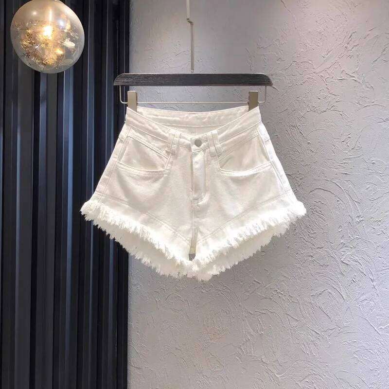Design Raw Edge White Denim Female 2026 Summer New High Waist Slim A-shaped Wide-leg Jeans Ropa Mujer Shorts H260210-image-1094752554