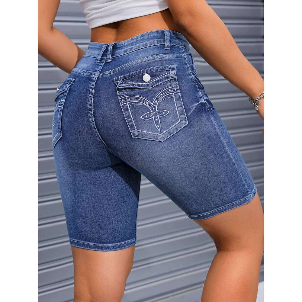 2025 Summer New High Stretch Slim Fit Denim For Women Fashion Embroidery Knee Length Skinny Jeans Shorts Casual Clothes H260210-image-1094752355