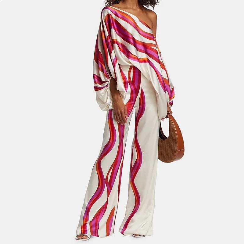 VEITCHE Women Print Outfit Sleeve Off Shoulder Long Blouse Office Lady 2 Piece Sets Spring Autumn Wide Leg Pants Suit 261013