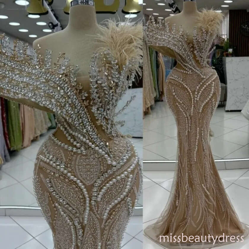 Champagne Mermaid Prom Dresses 2026 Illusion Crystals Feather Evening Formal Party Second Birthday Engagement Gowns Plus Size Dress For Special Occa