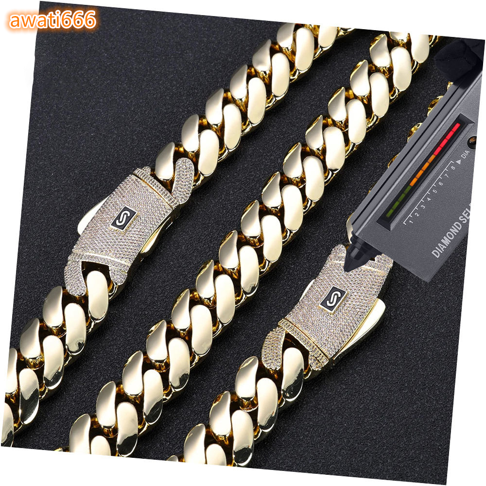 High Quality 925 Silver Monaco Chain Cuban Link Necklace with 14K Iced VVS Moissanite Clasp Smooth Cuban Chain Bracejewelry