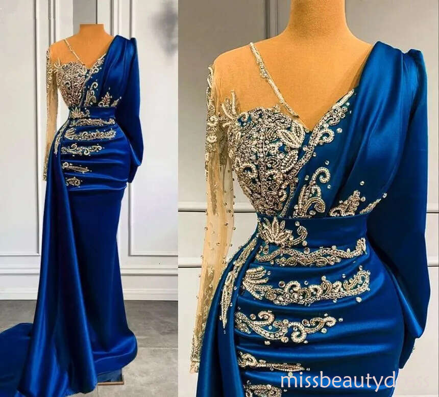 Elegant Blue Satin Mermaid Evening Dresses With Long Sleeves Appliques Beaded Women Formal Ocn Prom Gowns Arabic Second Reception Dress D27