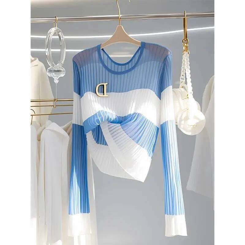 New DesignFashion Patchwork Striped Knitted Pullover Women O-Neck Long Sleeved Cashmere Sweater Casual Wool Knitwear With Brooch 027A