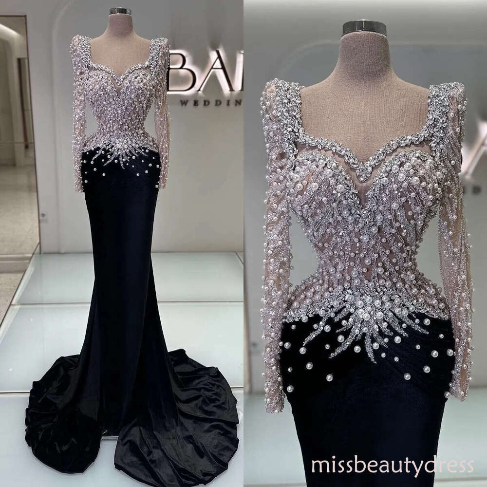 Elegant Black Evening Dress With Silver Beaded Appliques Illusion Long Sleeves Women Formal Mermaid Prom Gowns Special Occasions Robes De soiree D31